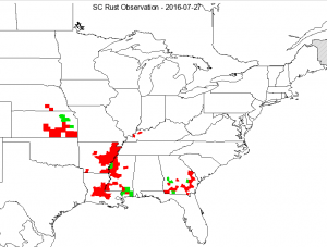 Figure 1. 2016 Southern Rust Advancement in The U.S. as of July 27. Red highlights indicate counties where southern rust has been confirmed.